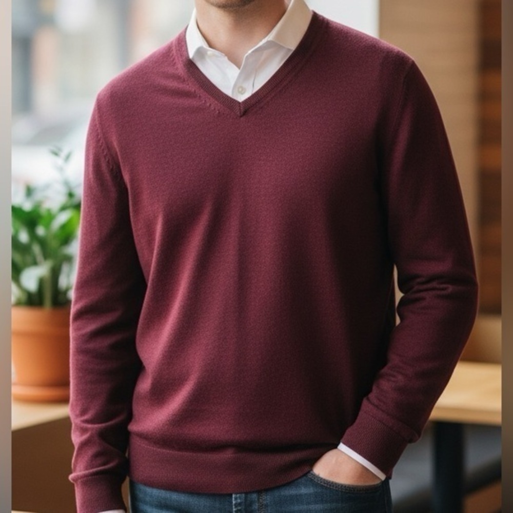 RAFFI Men's Bronson Extra Fine‎ Merino Wool V-Neck Pullover Sweater Burgundy XL